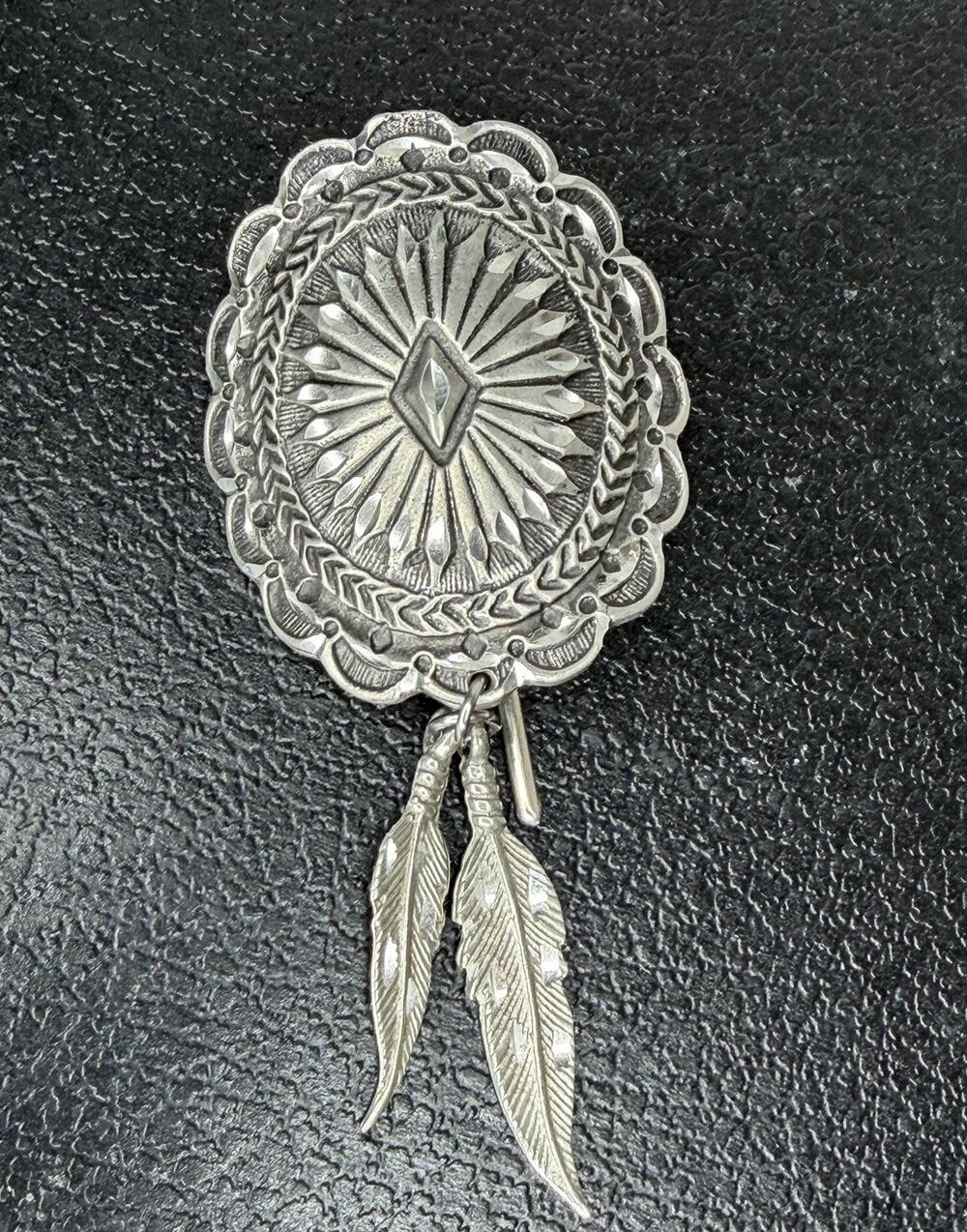 VTG Sterling Silver Southwestern Impressed Concho & Feathers Hook Pin 925